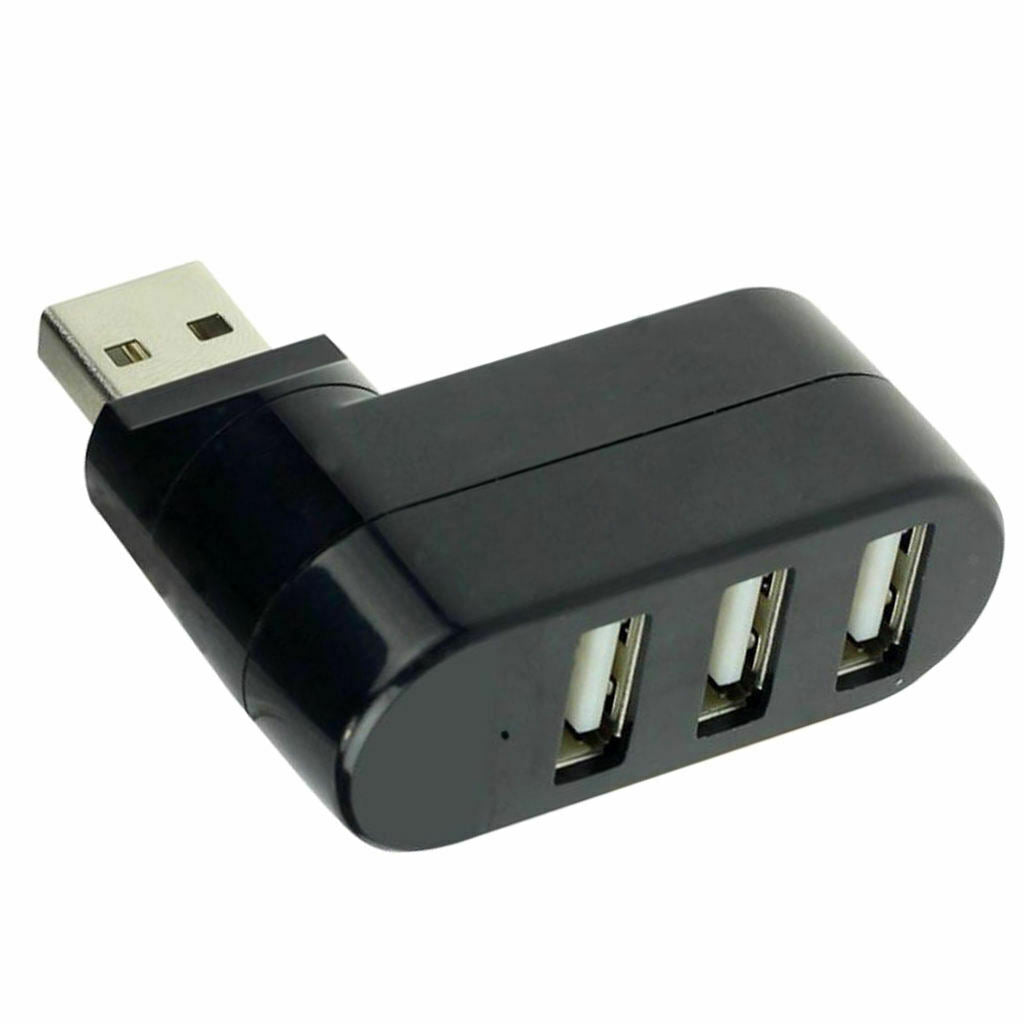 Premium Mini 3-Port USB 2.0 90°/180° Degree Rotatable Hub Adapter, Black