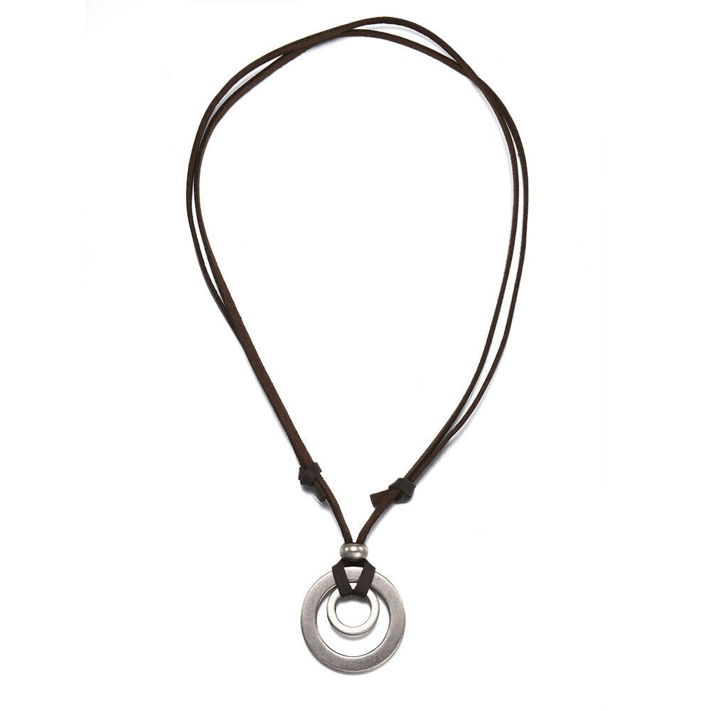 Men Women Retro Double Ring Pendant Adjustable Leather Cord Necklace Jewelry