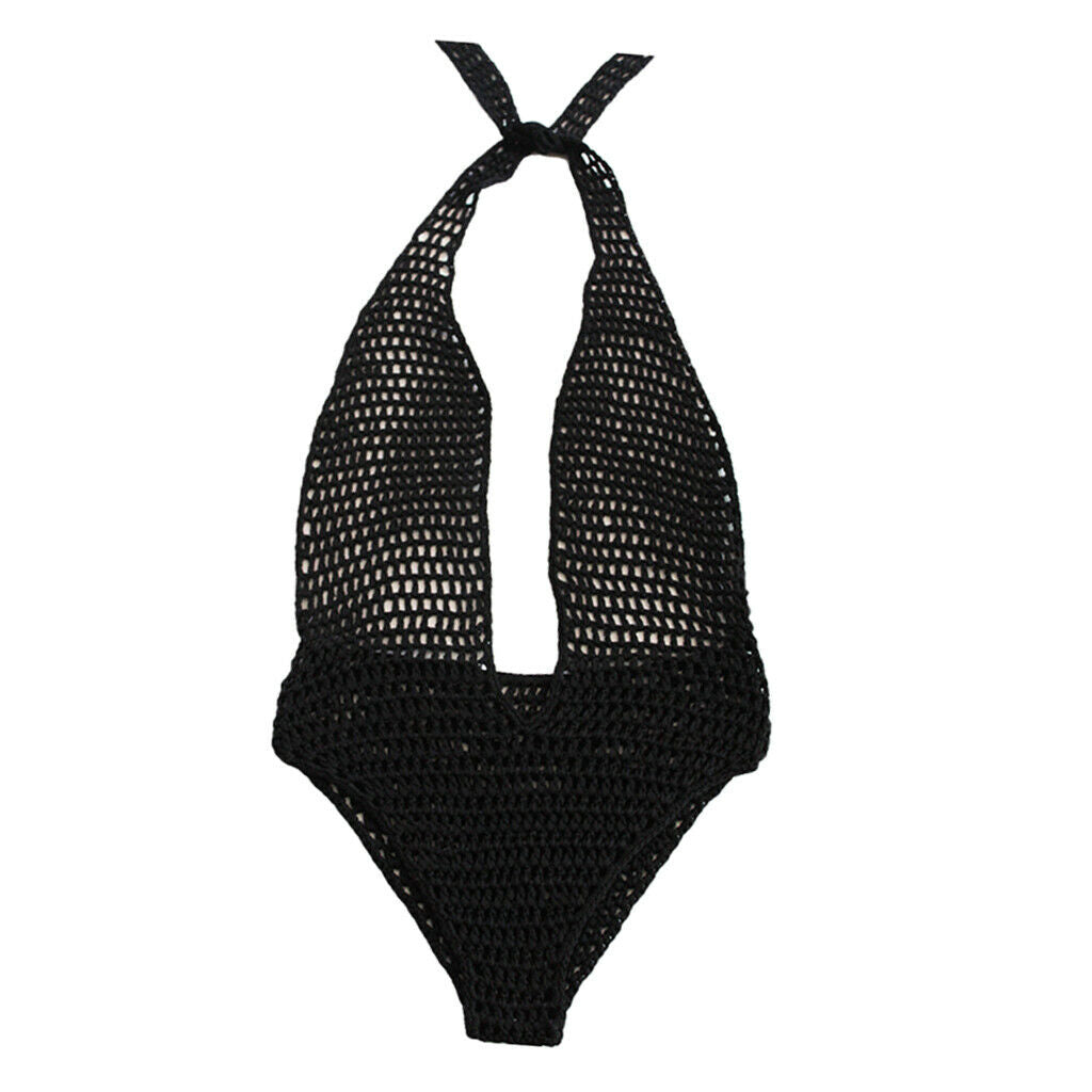 Women Black Crochet Knit Beach Bikini Monokini Halter Deep V-neck Swimwear L