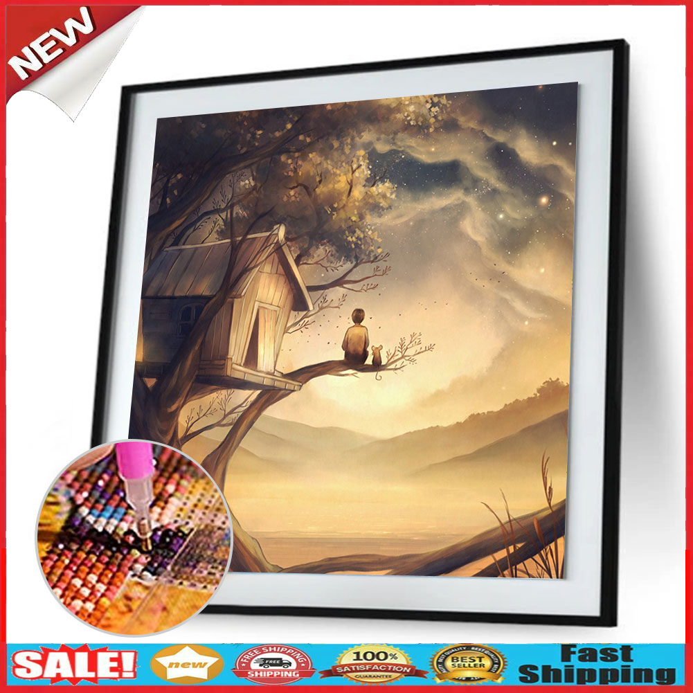 Wooden House Boy Round Diamond Painting 5D Full Drill Cross Stitch Drawing @
