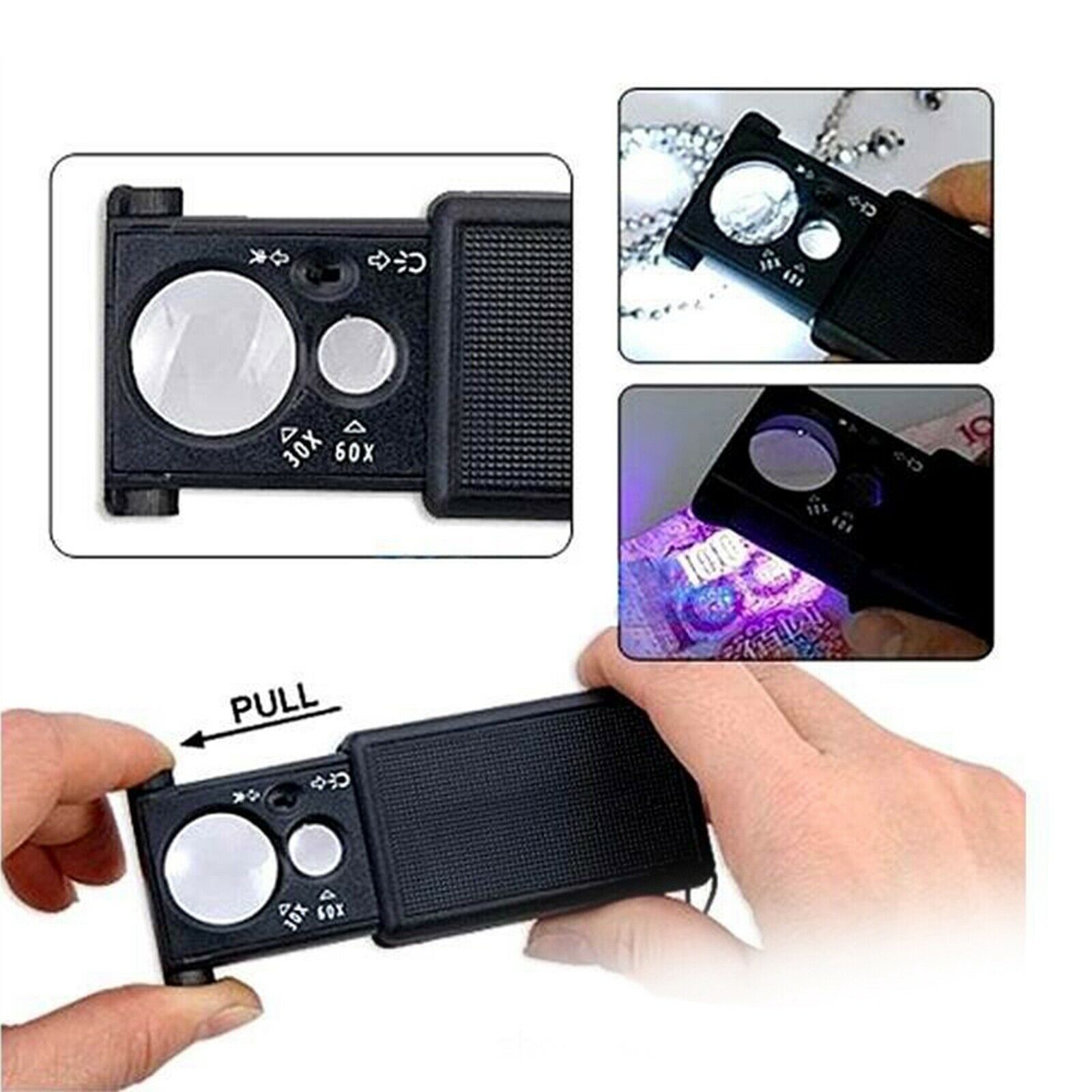 LED Slide Out Jewelers Loupe 30X 60X Illuminated Multi-Power Magnifier