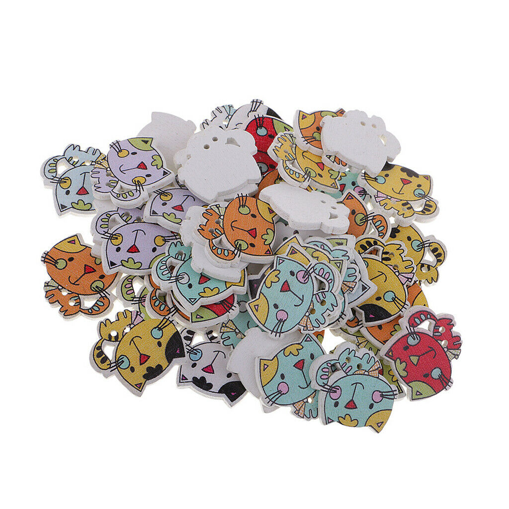 50pcs Lovely Cartoon Cat 2 Holes Wooden Buttons Decorative Buttons For DIY