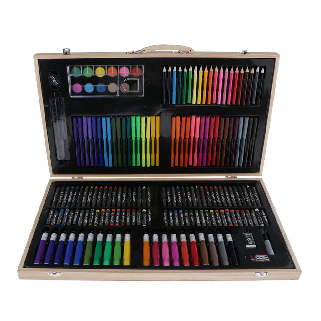 180Pcs Art Set in Wooden Case with Color Pencils, Oil Pastels, Watercolor Cakes,