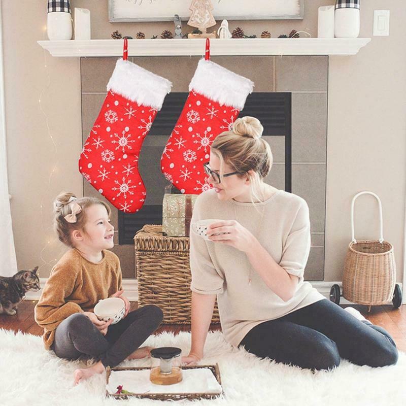 Embroidery Snowflake Christmas Stockings Candy Bag Xmas Plush Wide-Brimmed Red