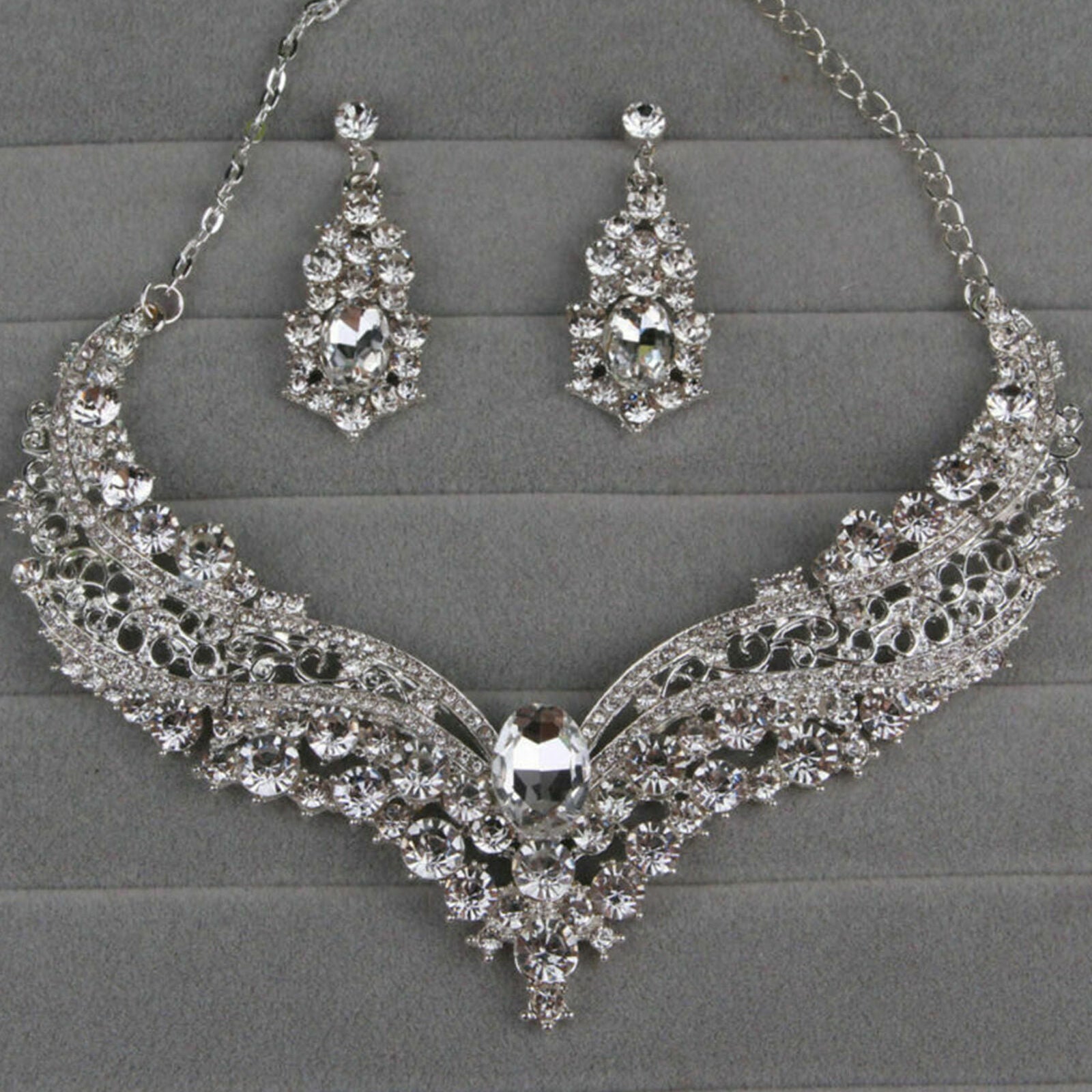 Women Bridal Wedding Cut Crystal Cubic Necklace Earrings Jewelry Set Prom Party