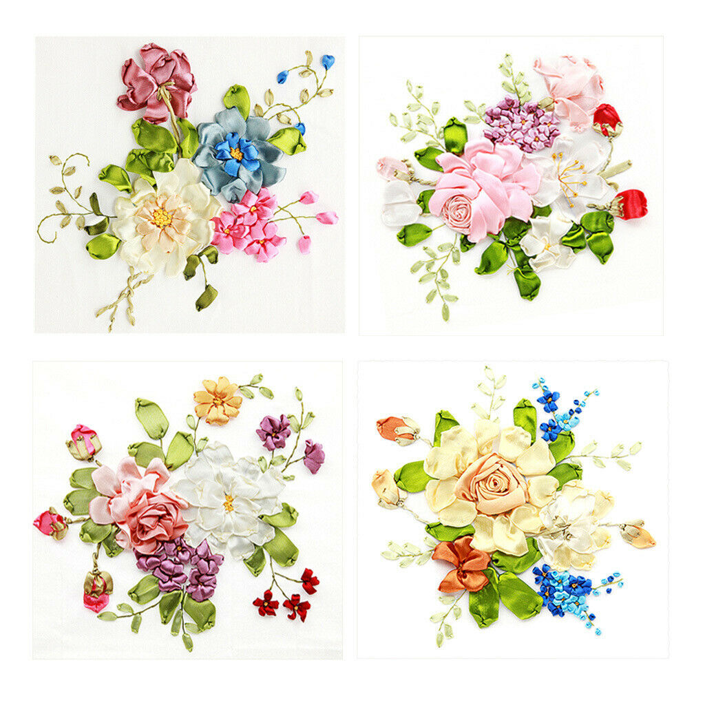 4pcs Silk Ribbon Embroidery Kits Cross Stitch Flower Patterned Housewarming Gift