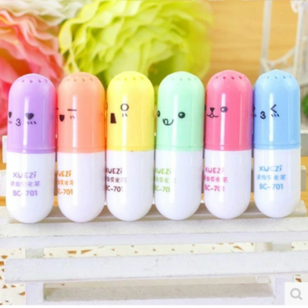 6pcs Cute Smiling Face Pill Highlighter Pens Stationery School Office Supplies