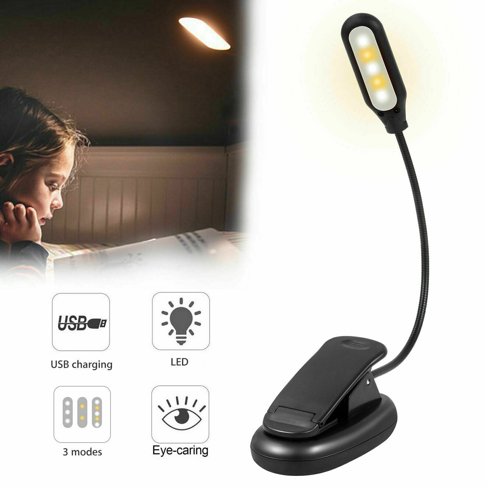 USB Rechargeable Clip-on Table Desk Bed Reading Light Lamp 3 Color LED Flexible