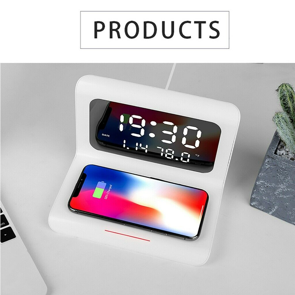 Multifunctional Alarm Clock Wireless Charger LED Display Digital Clock White