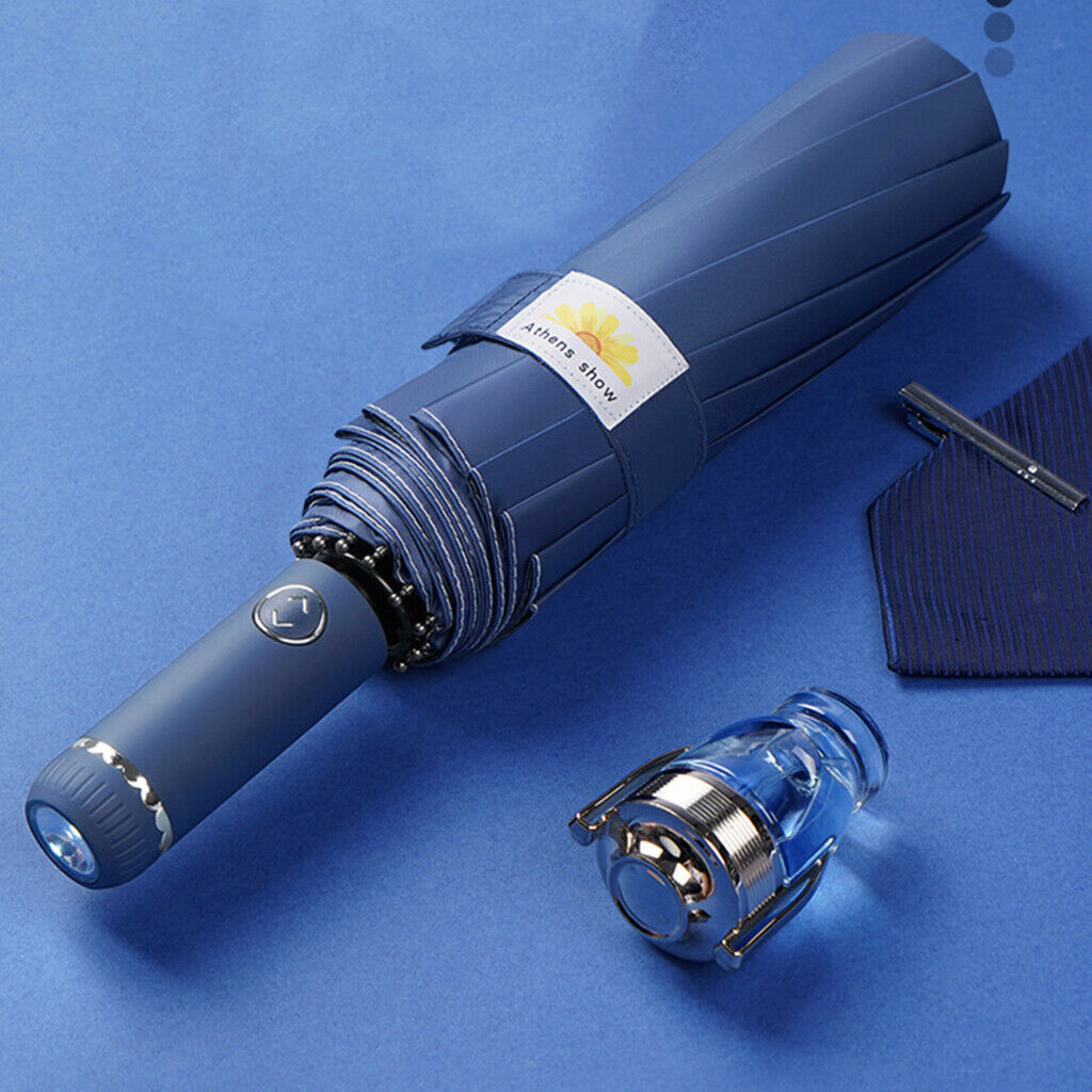 Folded Umbrella LED Flashlight Windproof Anit UV Automatic Navy Blue
