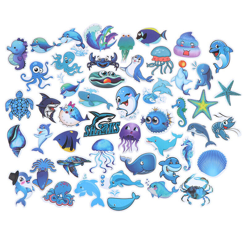 49Pcs Cute Blue Sea Marine Animals Stickers Suitcase Laptop Skateboard Decals Tt