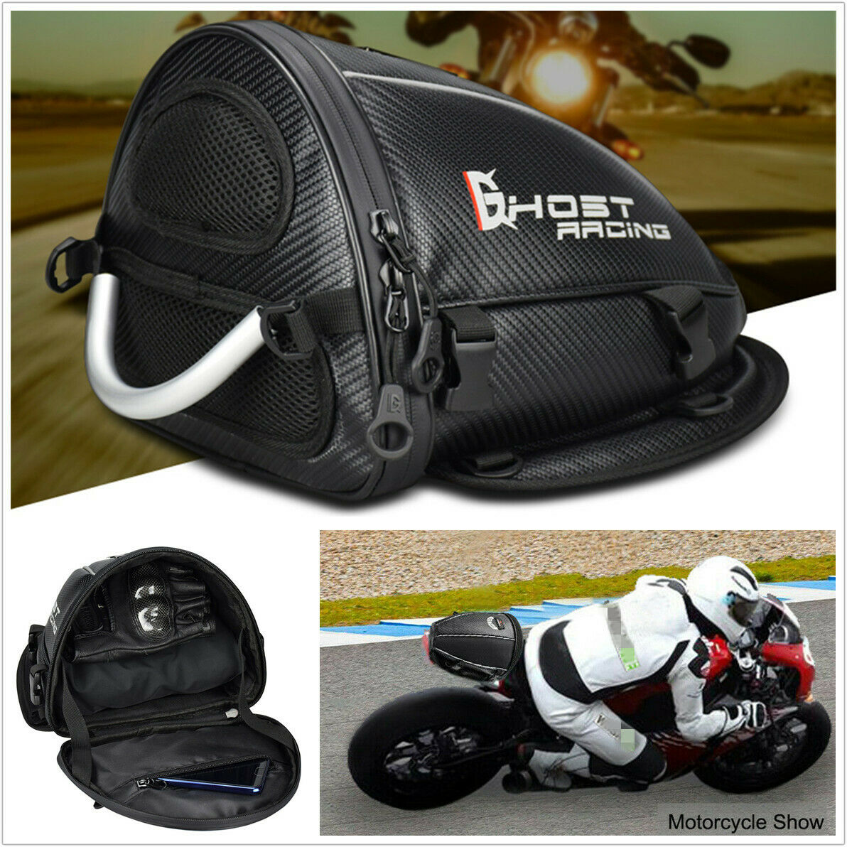 Motorcycle Rear Seat Tail Bag PU Leather Shoulder Backpack Waterproof Reflective