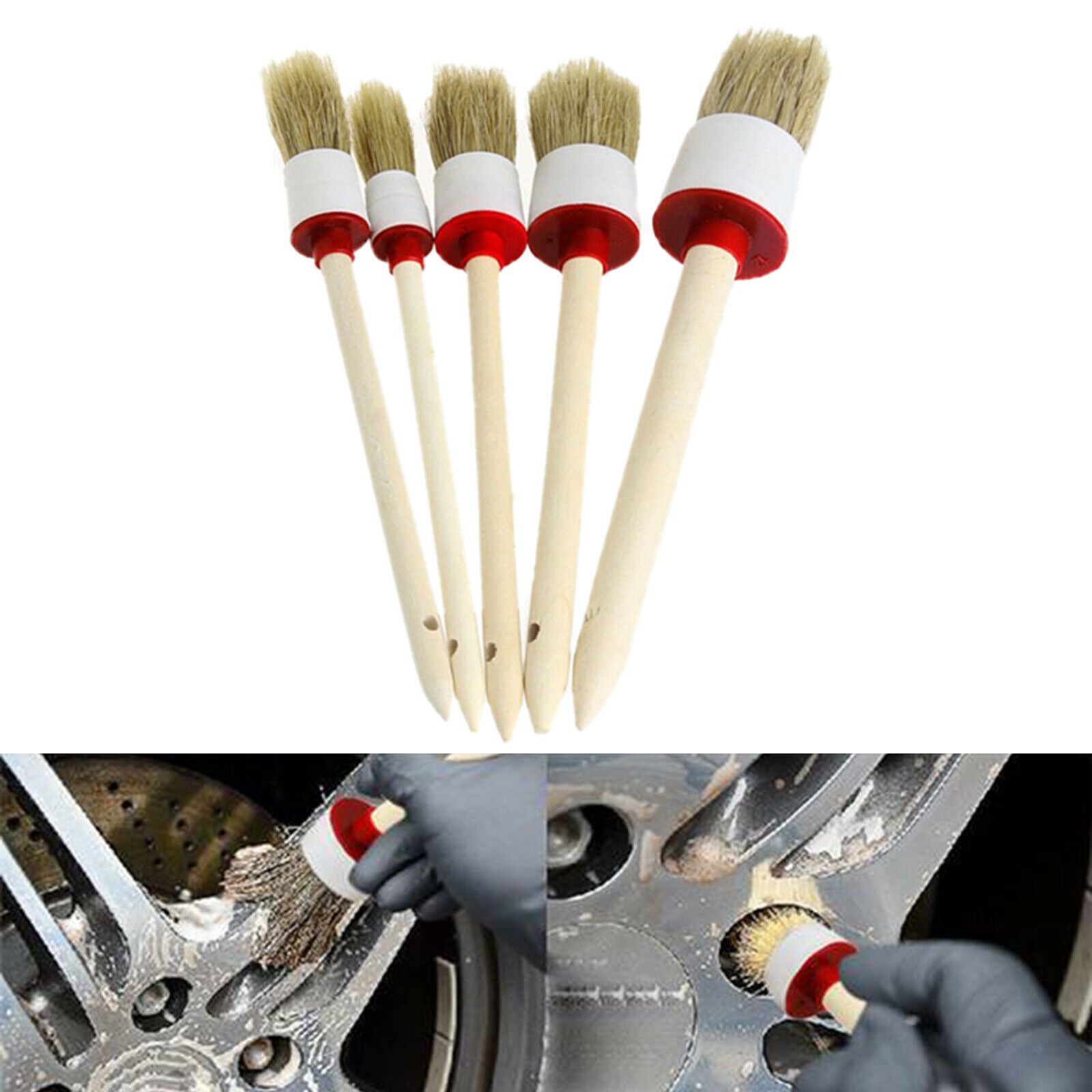 Pack of 5 Hangable Automobile Car Detailing Brush Kit Duster Wooden Handle
