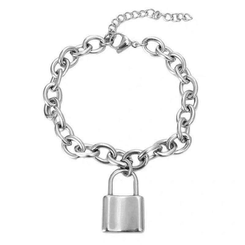 Punk Stainelss Steel Lock Pendant Bracelet Wristband Chunky Link Chain Bangles