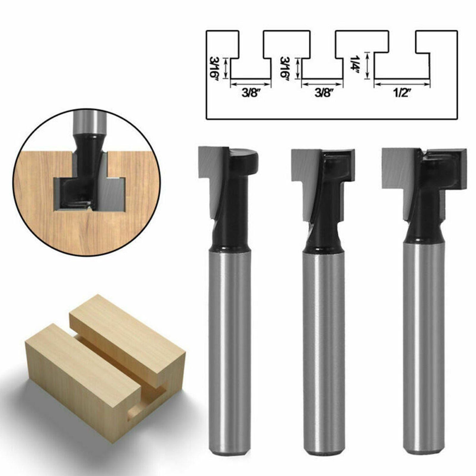 3 pcs T-slot cutter profile cutter 8mm 1/4 wood slot cutter cutter shank