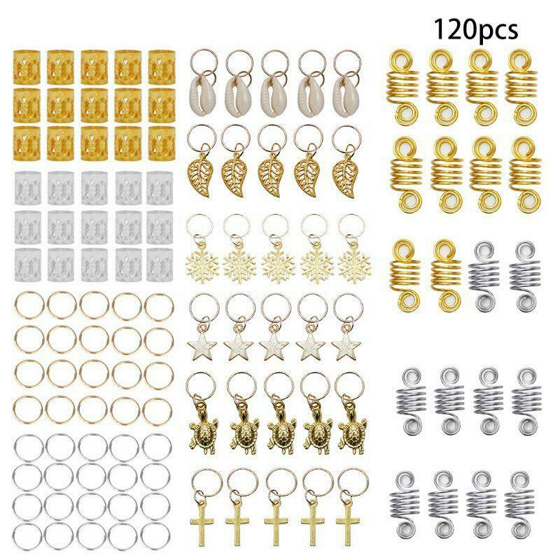 120Pcs Hair Braid Rings Metal Cuffs Dreadlocks Beads Shell Leaves Star Cross