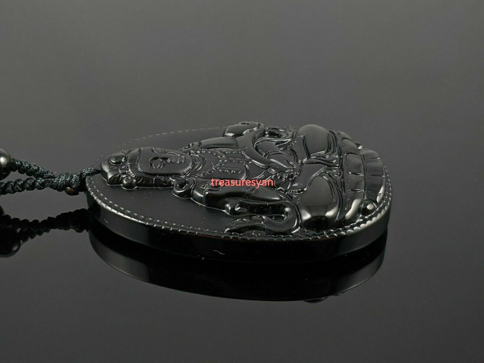 Natural Black Obsidian Guan Yin Pendant with Woven Necklace