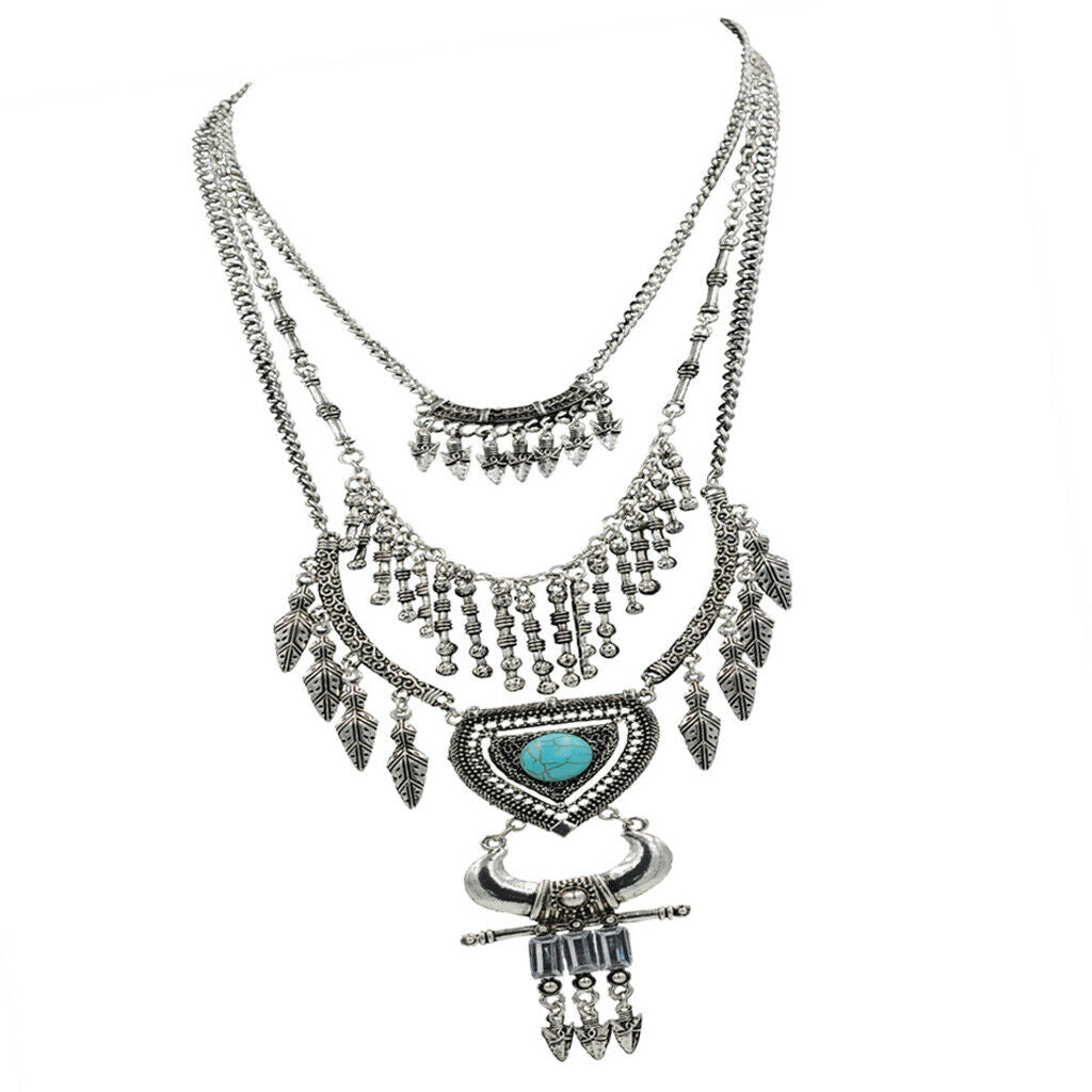 Retro multi-layer leaf arrow fringe heart-shaped turquoise horn necklace