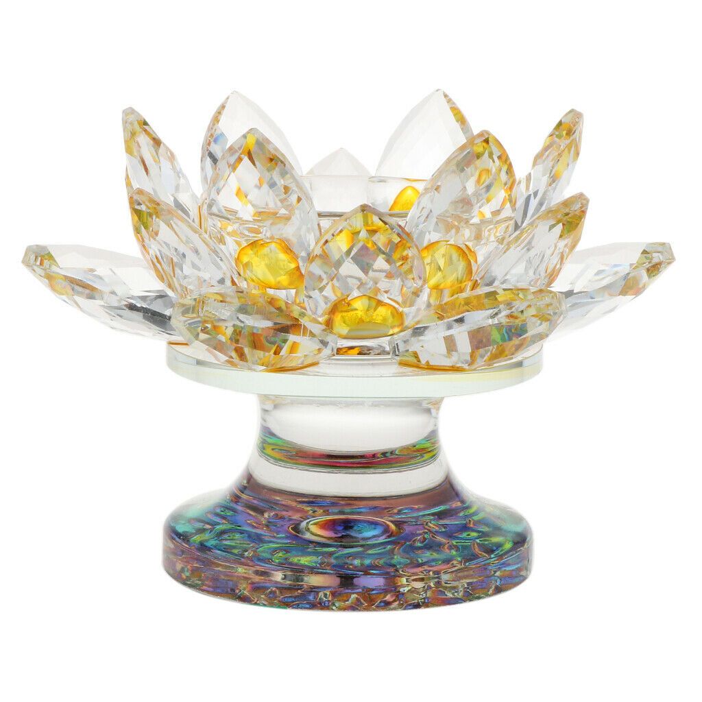 7 Colors Buddhist Crystal Glass Tea Light Lotus Flower Candle Holder Yellow