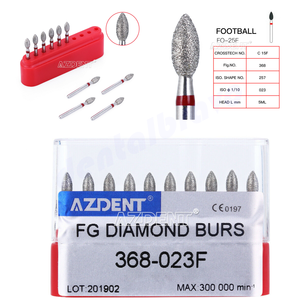 5 x AZDENT Denal FG Diamond Burs Football #368-023F Fine Red 10Pcs / Pack