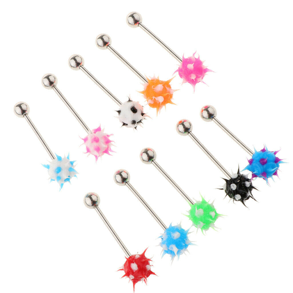 10Pcs Lip Tongue Bar Ring Straight Barbell Stainless Steel Silicone Ball 14G