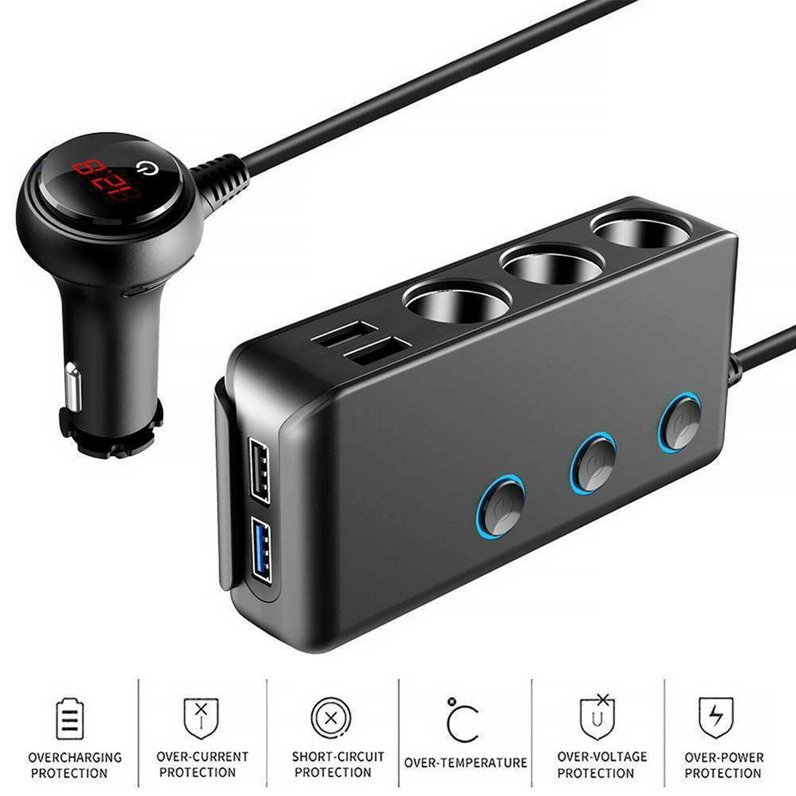 Car Charger Extension Cigarette Lighter Adapter 3-Socket Splitter Black