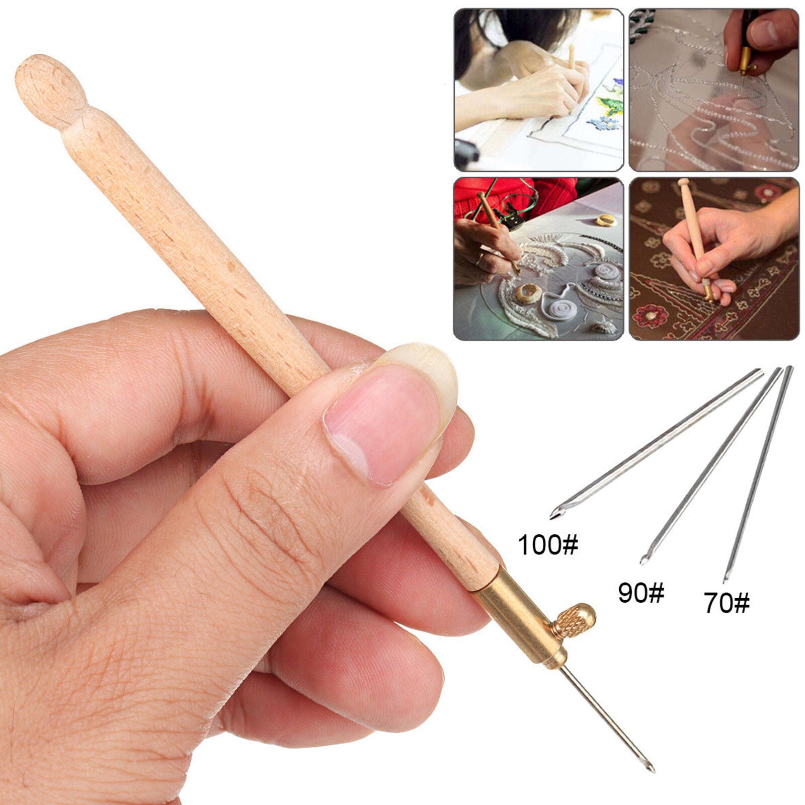 4Pcs Tambour Hook Handle Needle 70/90/100 French Embroidery Crochet Flower Bead