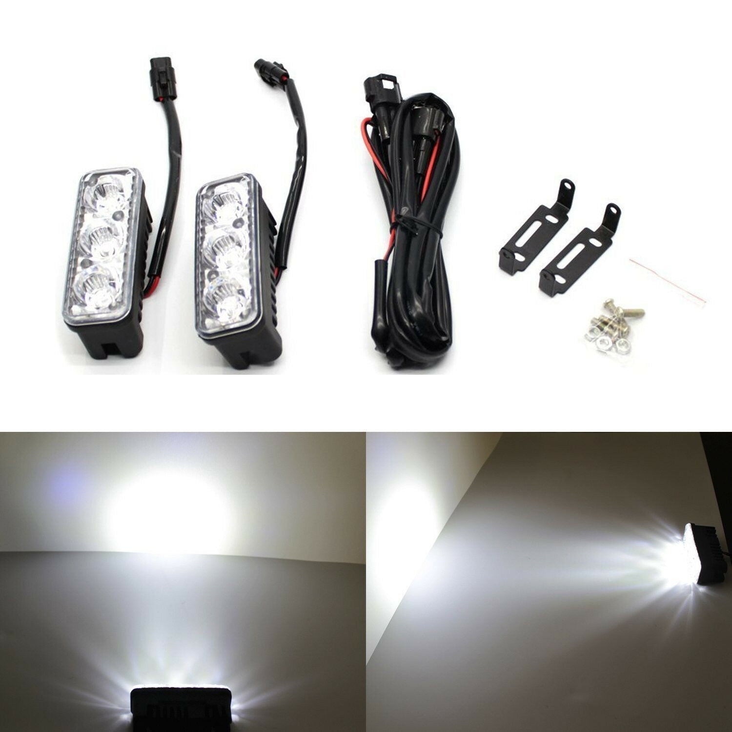 2x 3LED White Car Truck Daytime Running Light Fog Lamp with Mounting Bracket DRL