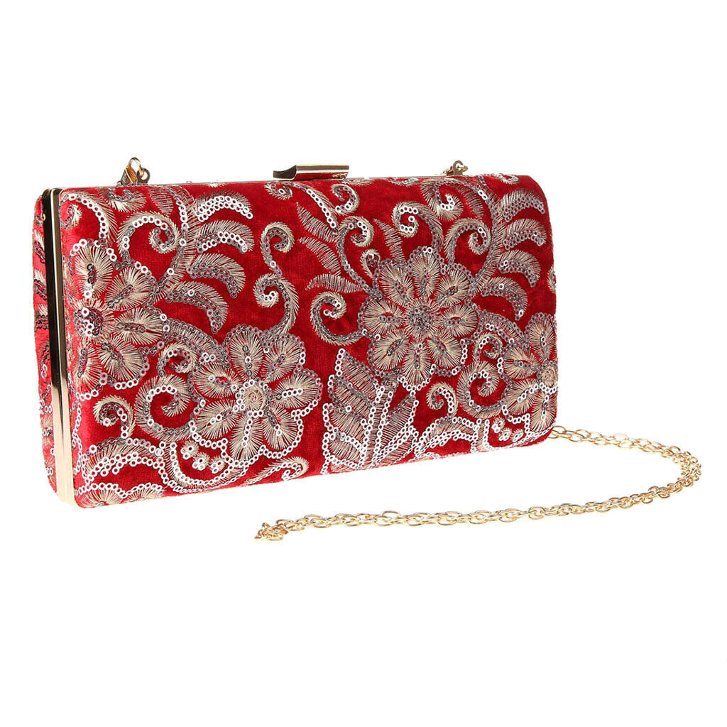 Women Evening Envelope Sequin Floral Handbag Party Bridal Clutch Purse - Red, as