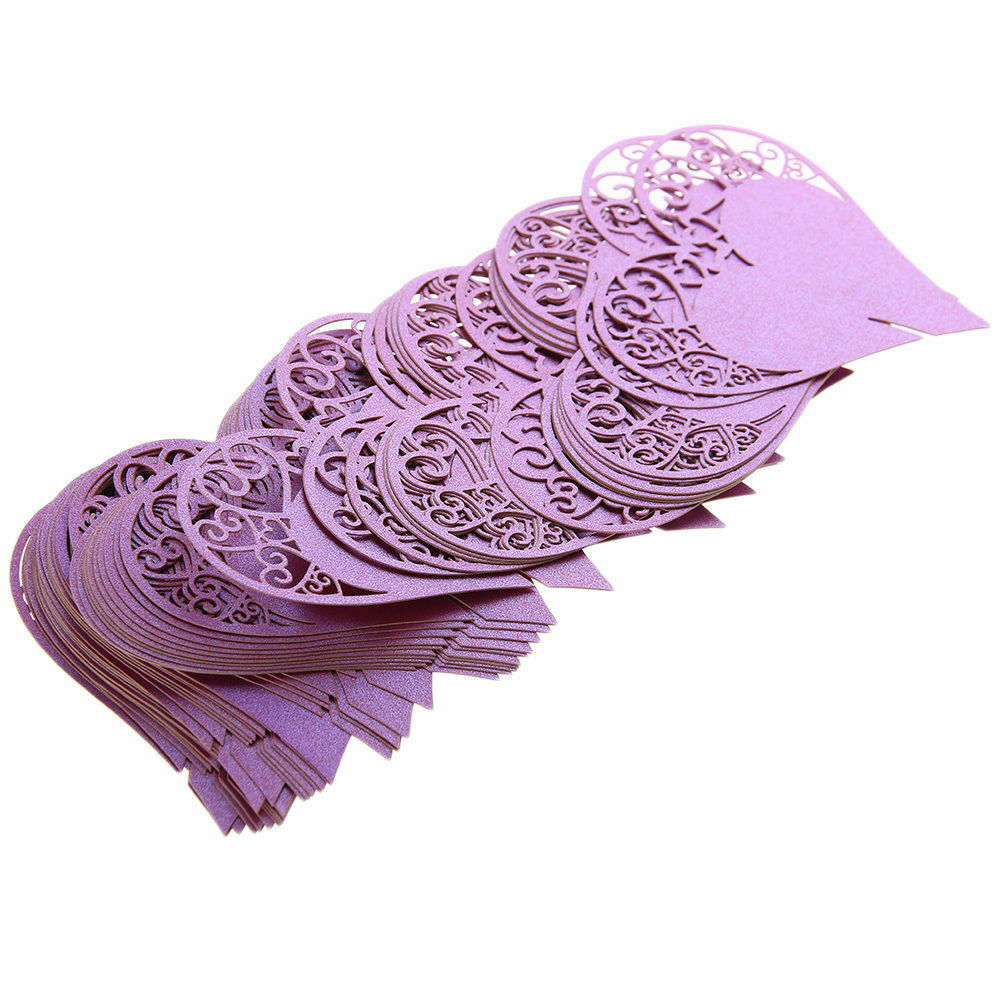50 Wedding Table Wine Glass Decor Party Place Card Heart Shape Purple