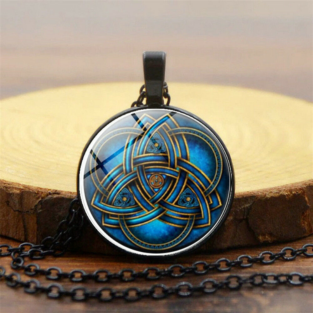 Fashion Blue Celtic Triquetra Glass Black Pendant Necklace Men Woman Jewelry JT