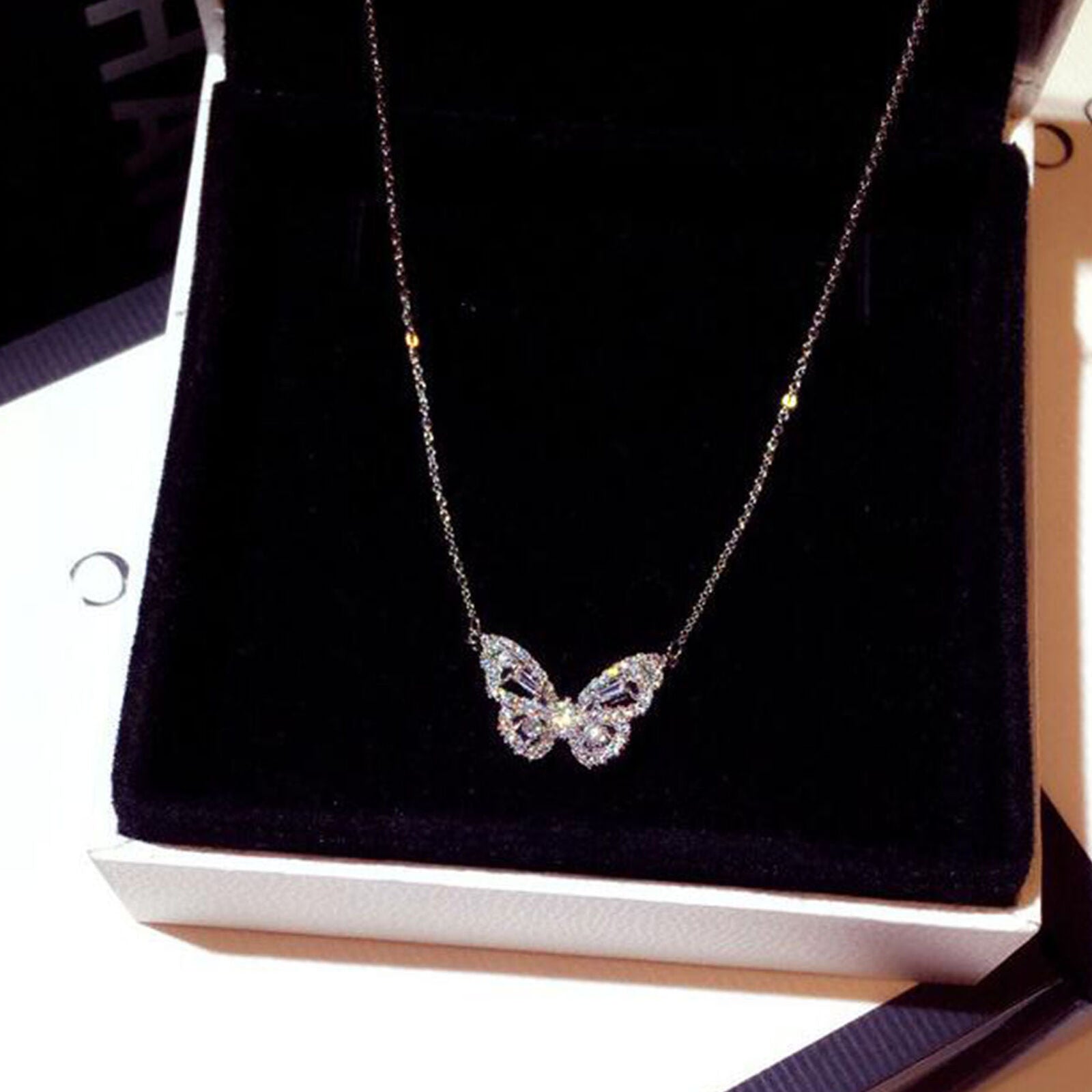 Women Butterfly Pendant Necklace Crystal Copper Long Chain Choker Jewelry Gift