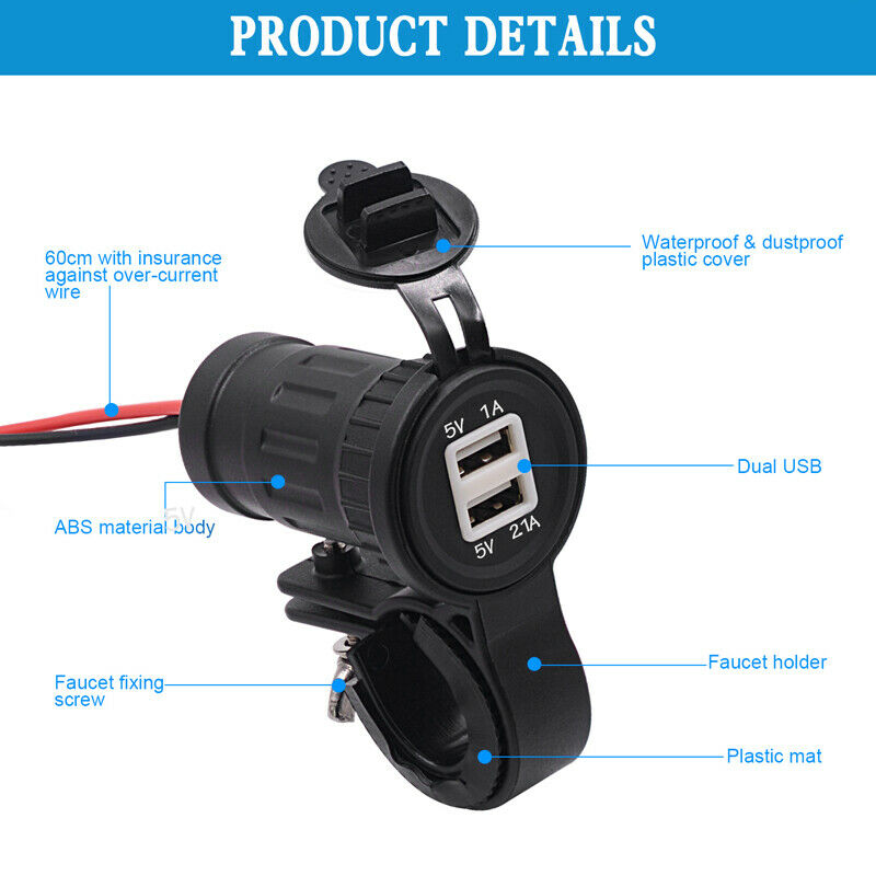 Dual USB 12V /24V Motorcycle Handlebar Charger Socket w/ Mounts Clamp Waterproof