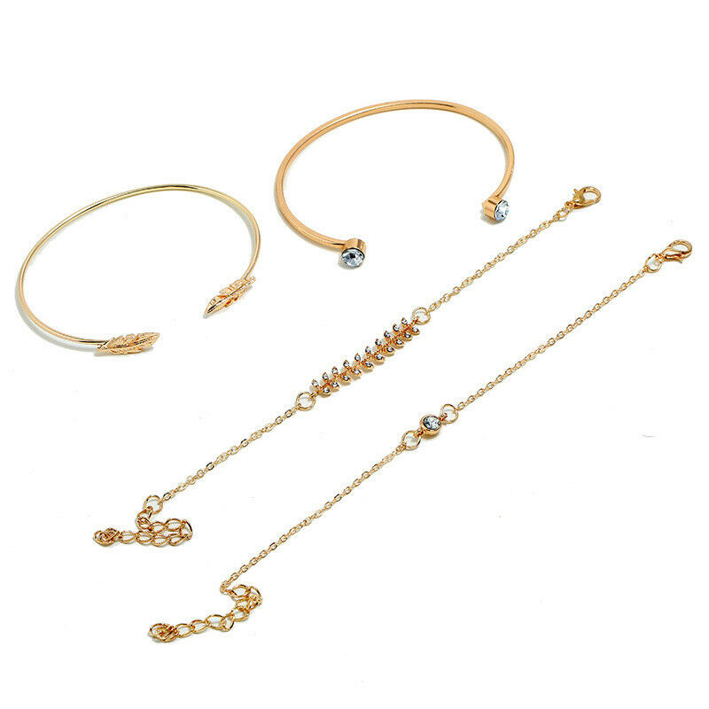 4Pcs/set Fashion Women Geometric Crystal Leaf Bracelet Adjustable Bangle .l8