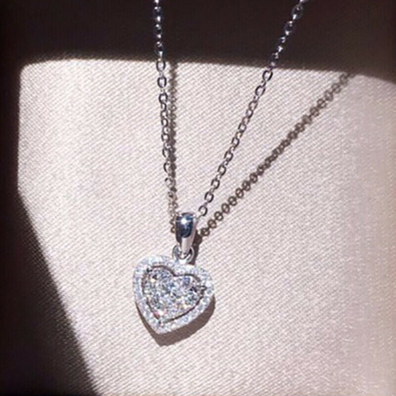 Ladies White Diamond Heart Pendant Necklace Fashion Women Jewellery Love Gift HN