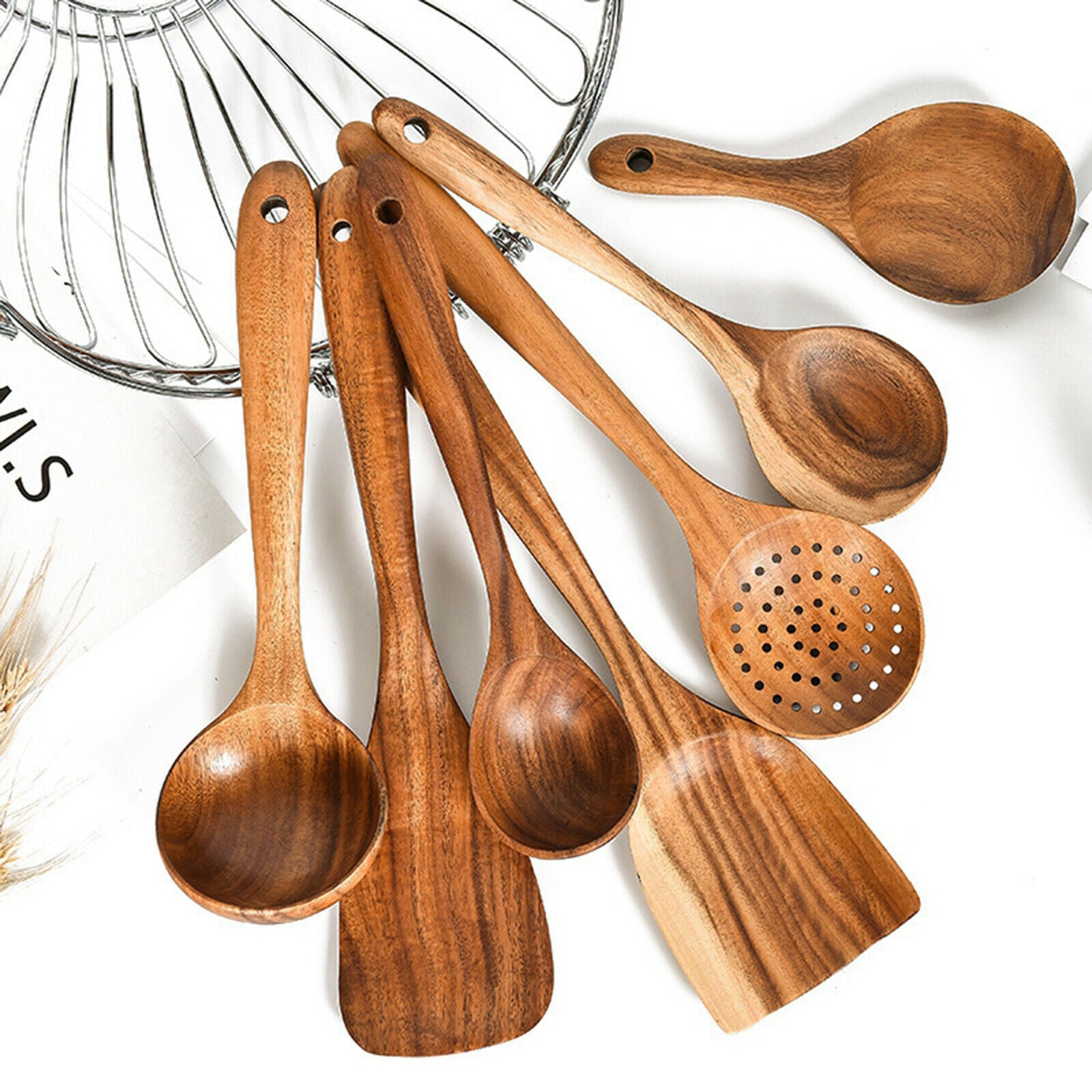 7pcs Kitchen Utensil Set Spoon Scoop Spatula with Wood Handle Gift