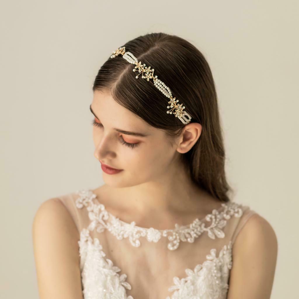 Women Bridal Hair Band Pearls Earrings Set Wedding Party Prom Headpiece