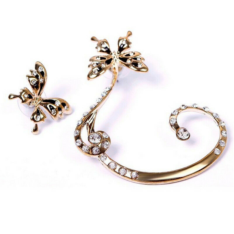 1Pair Lady Butterfly Ear Cuff Punk Clip Crystal Rhinestone Earring Partyd.l8