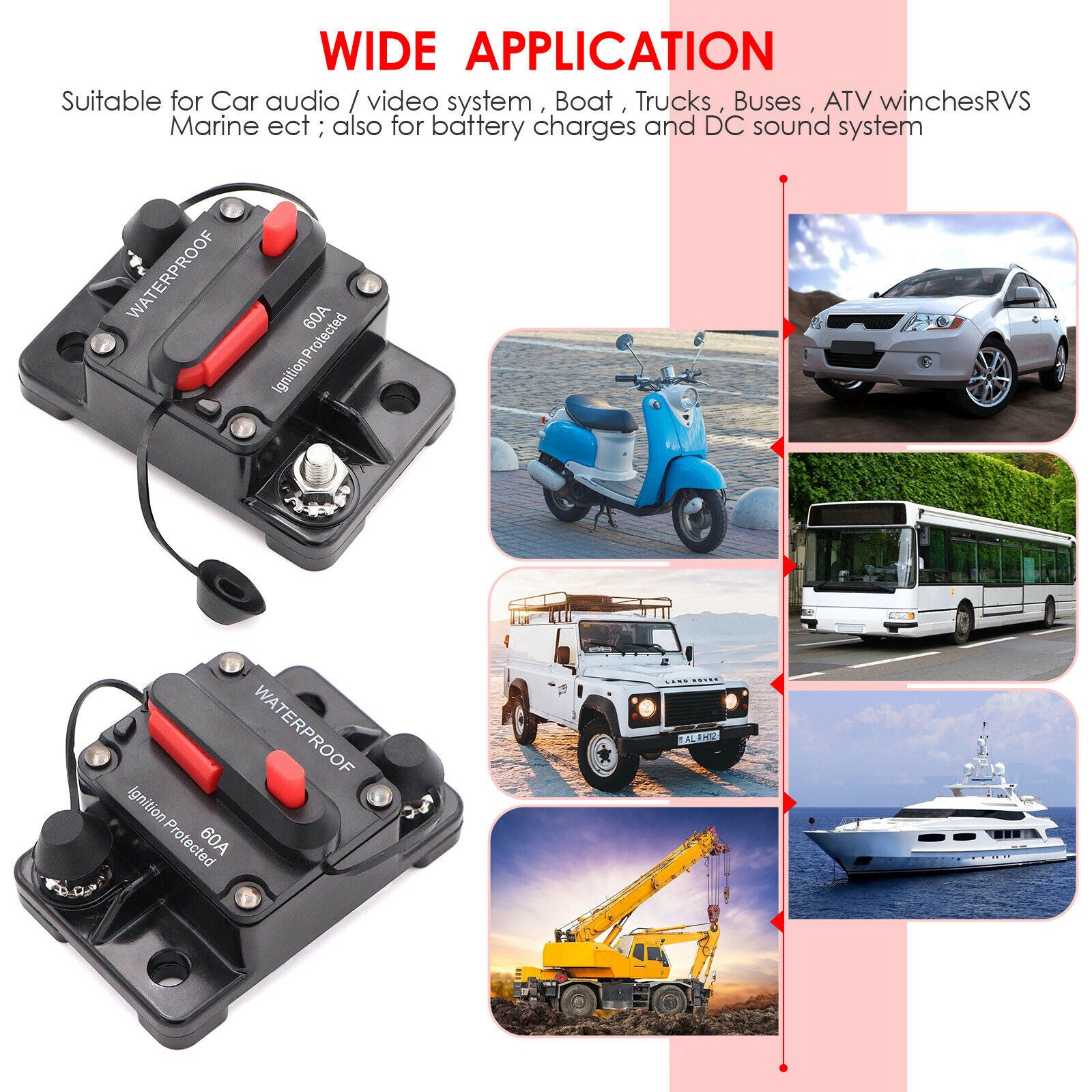 Auto Manual Reset Circuit Breaker 12-36V Car Boat Audio Universal 60A