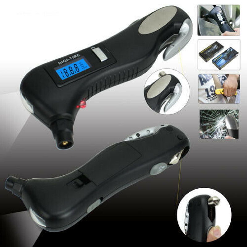 Tire Air Pressure Gauge Digital Display Tester Flashlight Window Breaker Cutter