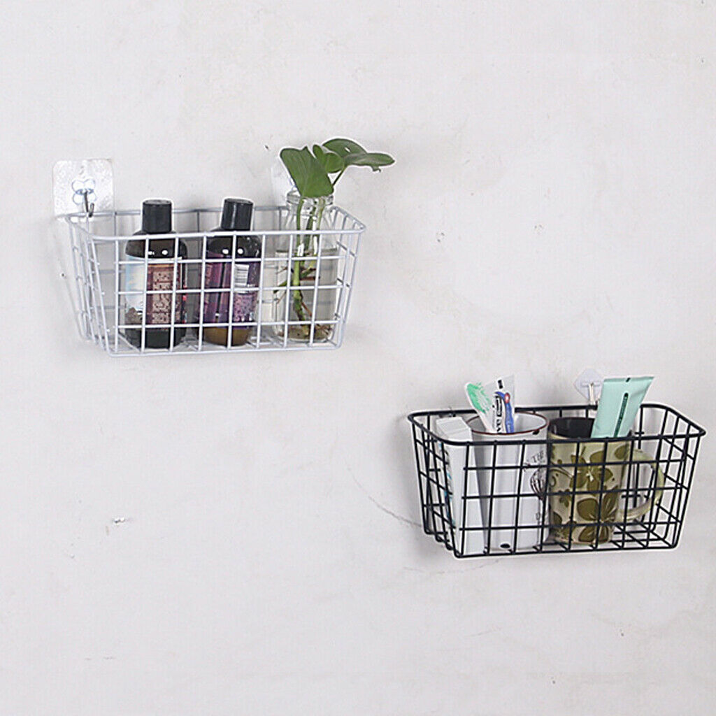 Blesiya 2xWhite Grid Basket Wall Basket with Hanging Hook Wire Storage Rack