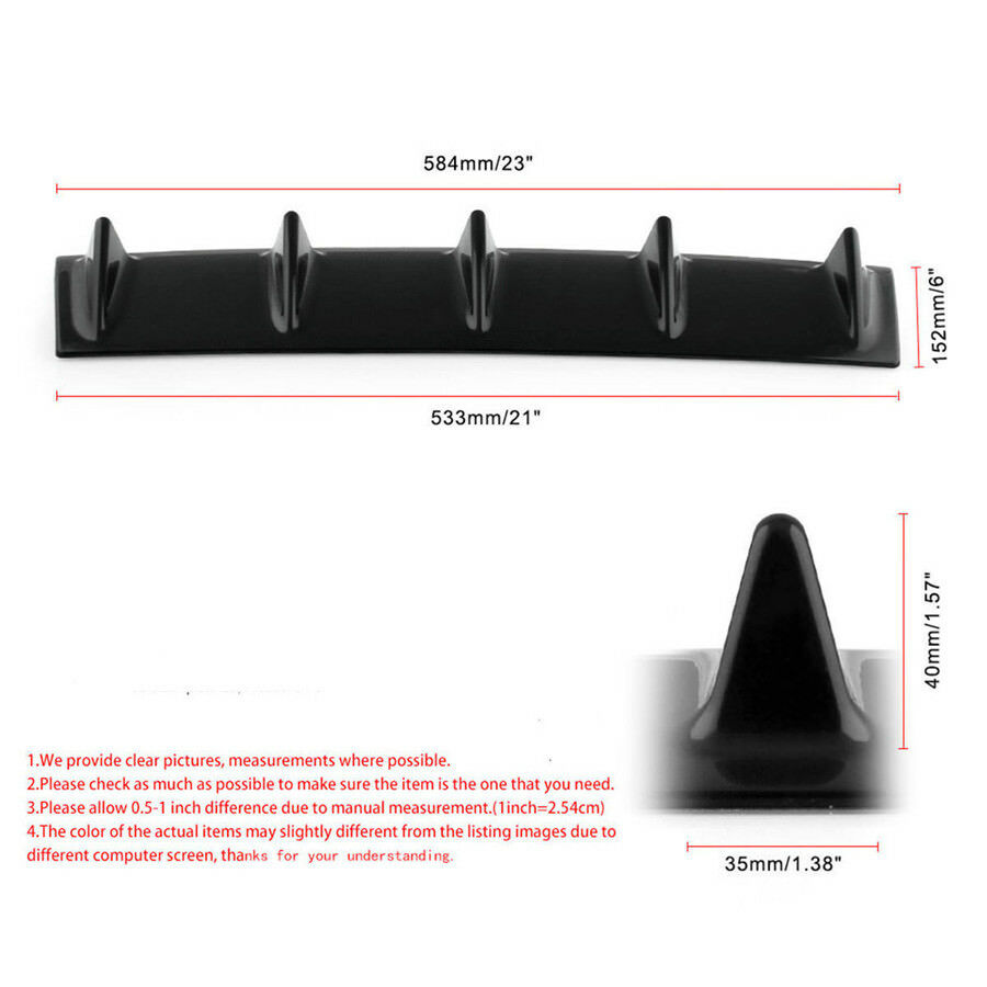 23''x 6'' ABS Gloss Black Car Rear Body Bumper Lip Diffuser 5 Shark Fins Spoiler