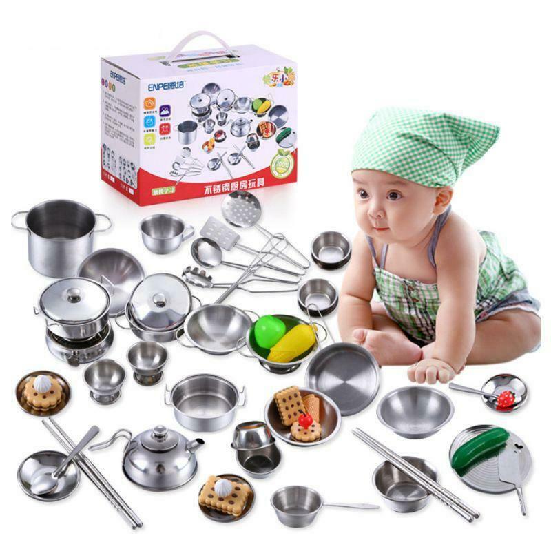 Stainless Steel Kids House Kitchen Toys Cooking Cookware Pots Pans Pretend Play