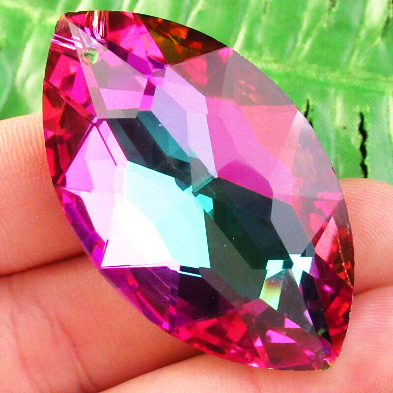 2Pcs Faceted Purple Rainbow Titanium Crystal Olivary Pendant 48x28x15mm A-218SJ