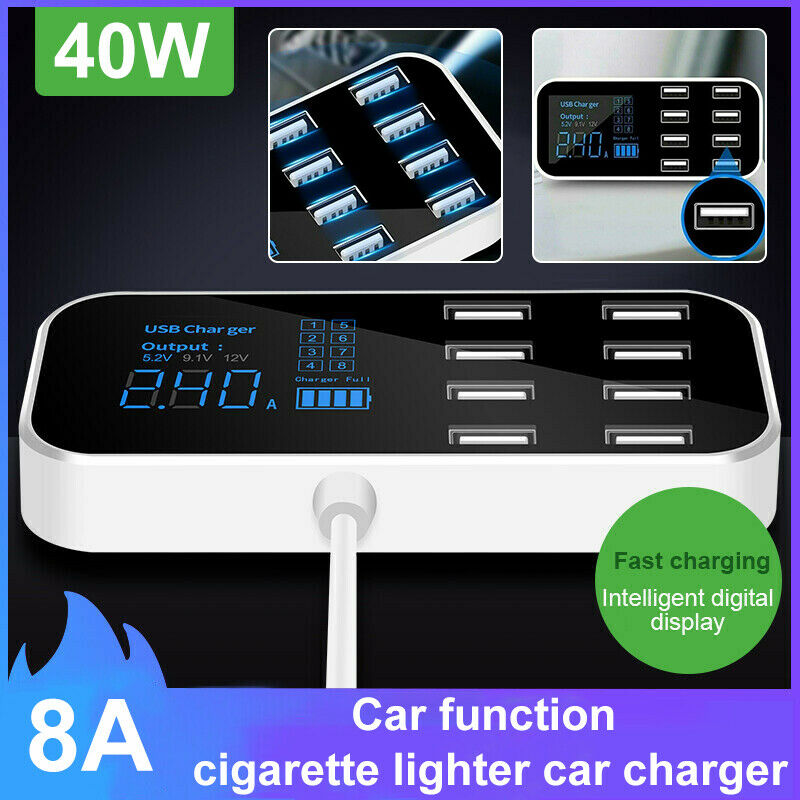 Car 8 Ports USB Fast Charger Multi USB Phone Charging Station LCD Display