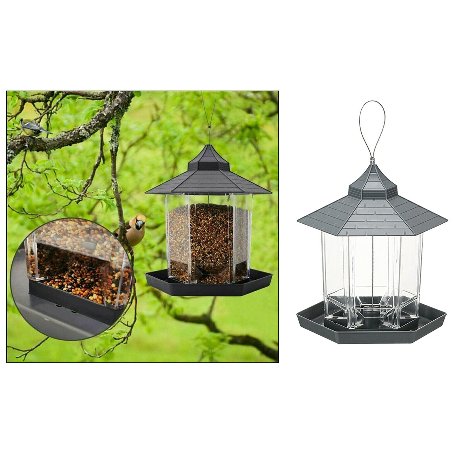 Bird Feeder Hexagon Shaped with Roof Hanging Bird Feeder Garden Yard Decor
