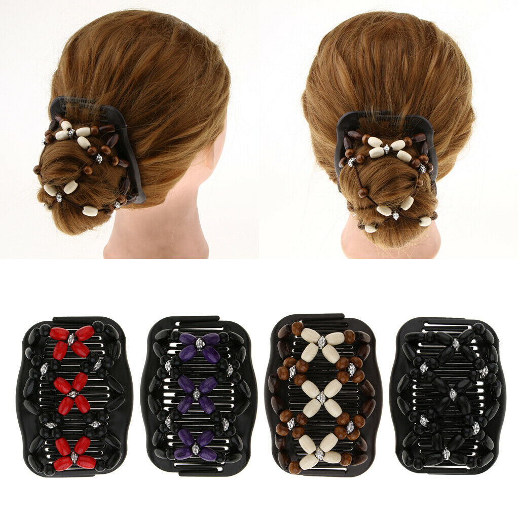 Prettyia 4x Wooden Bead Double Hair Comb Clips Stretch Hair Stying Accessory