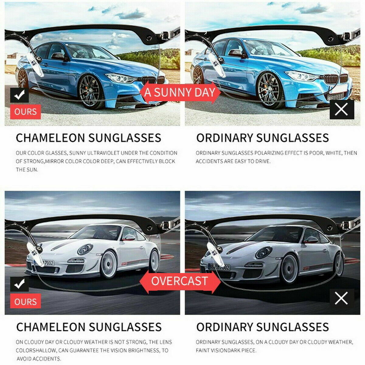 Photochromic Polarised Sunglasses UV400 Polarized Fishing Driving Eyewear Retro