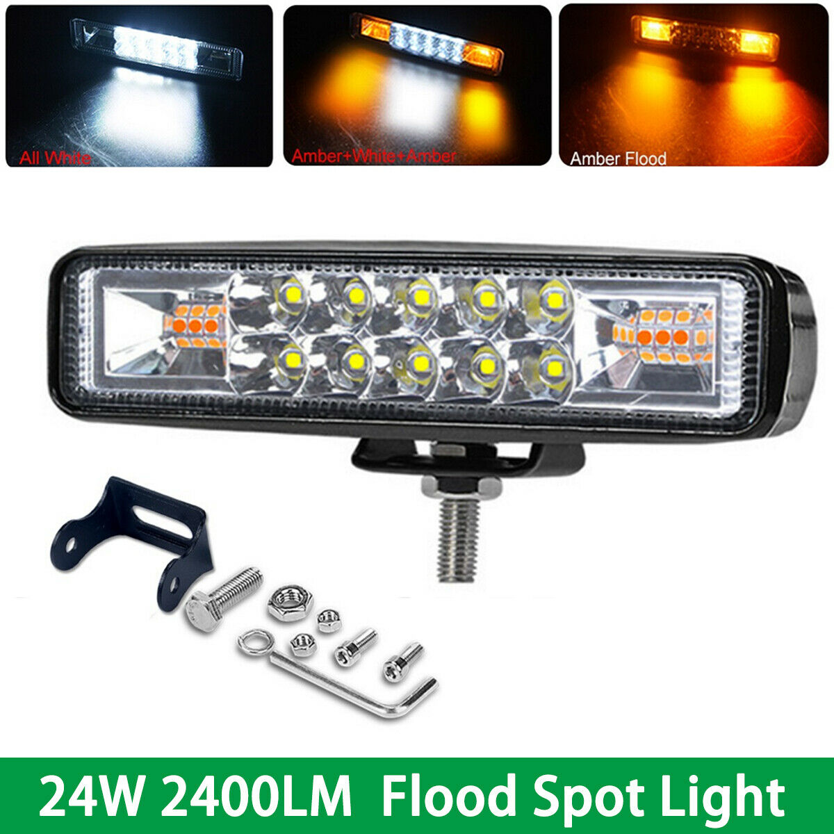 6 Inch 24W White + Amber Flash Strobe Led Work Light Waterproof  For Car Truck