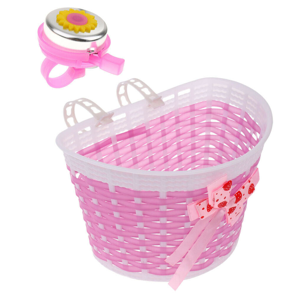 2x Kids Bike Front Basket with Bowknots Holder + Clear Sound Bell Ring Horn
